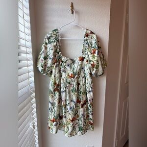 AVEC LES FILLES BOTANICAL BUTTERFLY FLORAL LINEN MINI DRESS NWOT SIZE LARGE